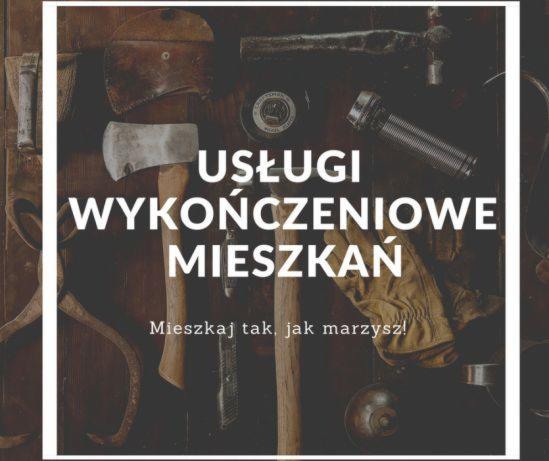 Grafika reklamowa usług wykończeniowych mieszkań z narzędziami, w tym toporami, latarką, rękawicami i innymi akcesoriami na ciemnym tle.