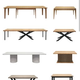 Meble Damian Góralski - Kompilacja zdjęć różnych stołów: drewniane blaty na metalowych nogach, stoły z krzesłami, białe stoły na cylindrycznych podstawach. Różne style i materiały.