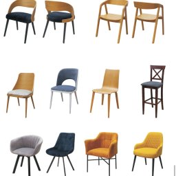 Meble Damian Góralski - Zestaw różnych krzeseł tapicerowanych i drewnianych na białym tle. Różne style, kolory i materiały. Krzesła do jadalni, salonu i biura.