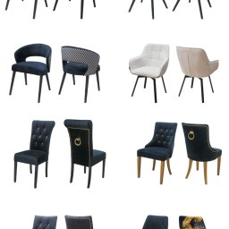 Meble Damian Góralski - Kolekcja krzeseł tapicerowanych na ciemnych nóżkach, z różnymi wzorami i kolorami obić, prezentowana na białym tle. Różnorodność stylistyczna.