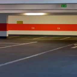 Wnętrze parkingu podziemnego z szarą posadzką, białymi liniami wyznaczającymi miejsca postojowe oraz numerowanymi, pomalowanymi na biało-czerwono słupami i ścianami.