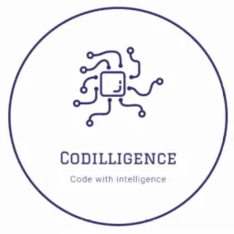 Logo firmy Codilligence: stylizowany układ scalony w okręgu, hasło 'Code with intelligence'.