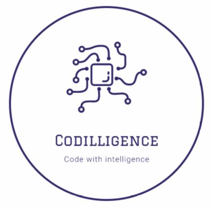 Logo firmy Codilligence: stylizowany układ scalony w okręgu, hasło 'Code with intelligence'.