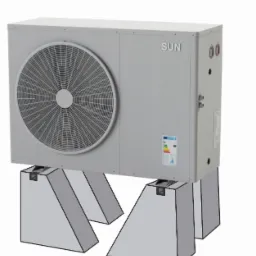 Przenośne, trapezowe podpory betonowe pod zewnętrzną jednostkę pompy ciepła SUN, widoczne detale mocowania.