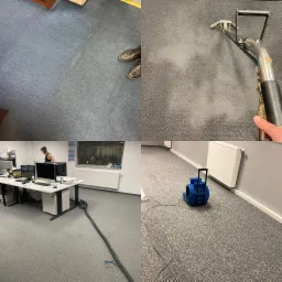 Etapy czyszczenia szarego dywanu w biurze: widoczny fragment dywanu przed i po czyszczeniu, czyszczenie parowe dywanu oraz suszarka do dywanów w tle biura.