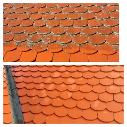 Porównanie stanu dachu przed i po czyszczeniu: górna część z widocznym mchem i zabrudzeniami, dolna część z czystymi, pomarańczowymi dachówkami.