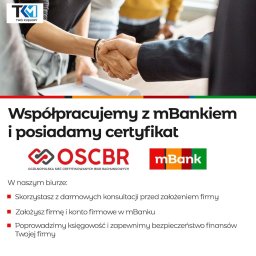 Jestśmy certyfikowanym biurem w sieci OSCBR współpracujących z mBankiem, Dzięki temu nasi klienci otrzymują produkty bankowe na bardzo dobrych warunkach.