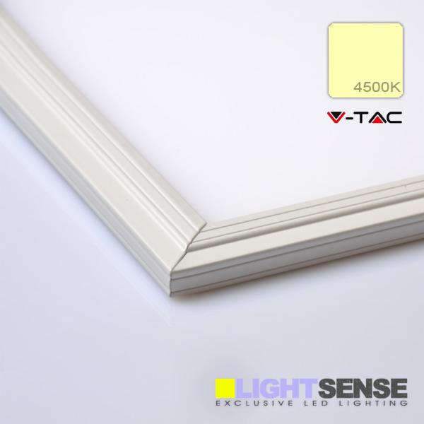 Fragment panelu LED 600x600 54W o barwie światła 4500K, widoczny narożnik i logo producenta V-TAC oraz Light Sense na białym tle.