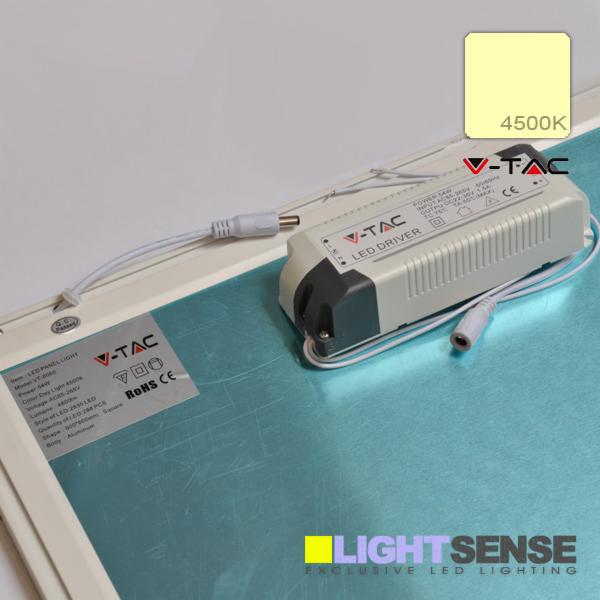 Panel LED V-TAC 600x600 54W z białym naturalnym światłem, widoczny zasilacz LED driver i okablowanie, na szarym tle.