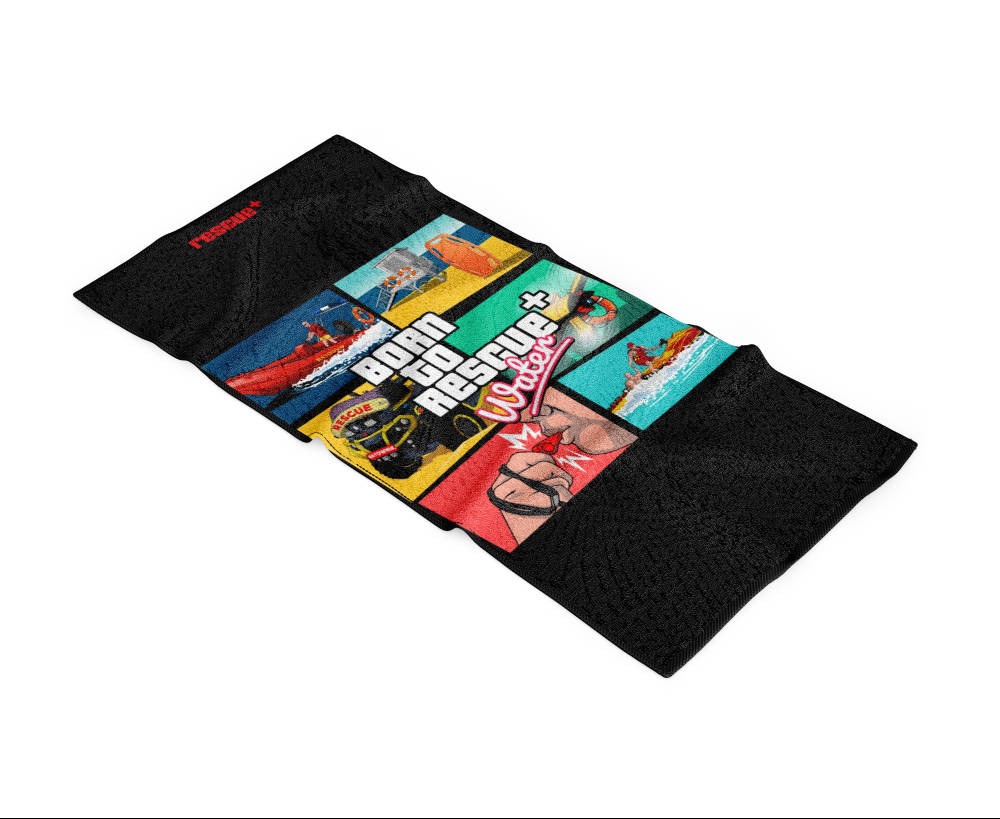 Czarny ręcznik z kolorowym nadrukiem przedstawiającym sceny ratownictwa wodnego w stylu komiksowym.