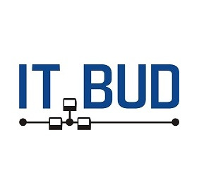 Logo firmy IT.BUD w kolorze niebieskim, z elementami graficznymi przypominającymi schemat elektryczny. Minimalistyczny design na białym tle.