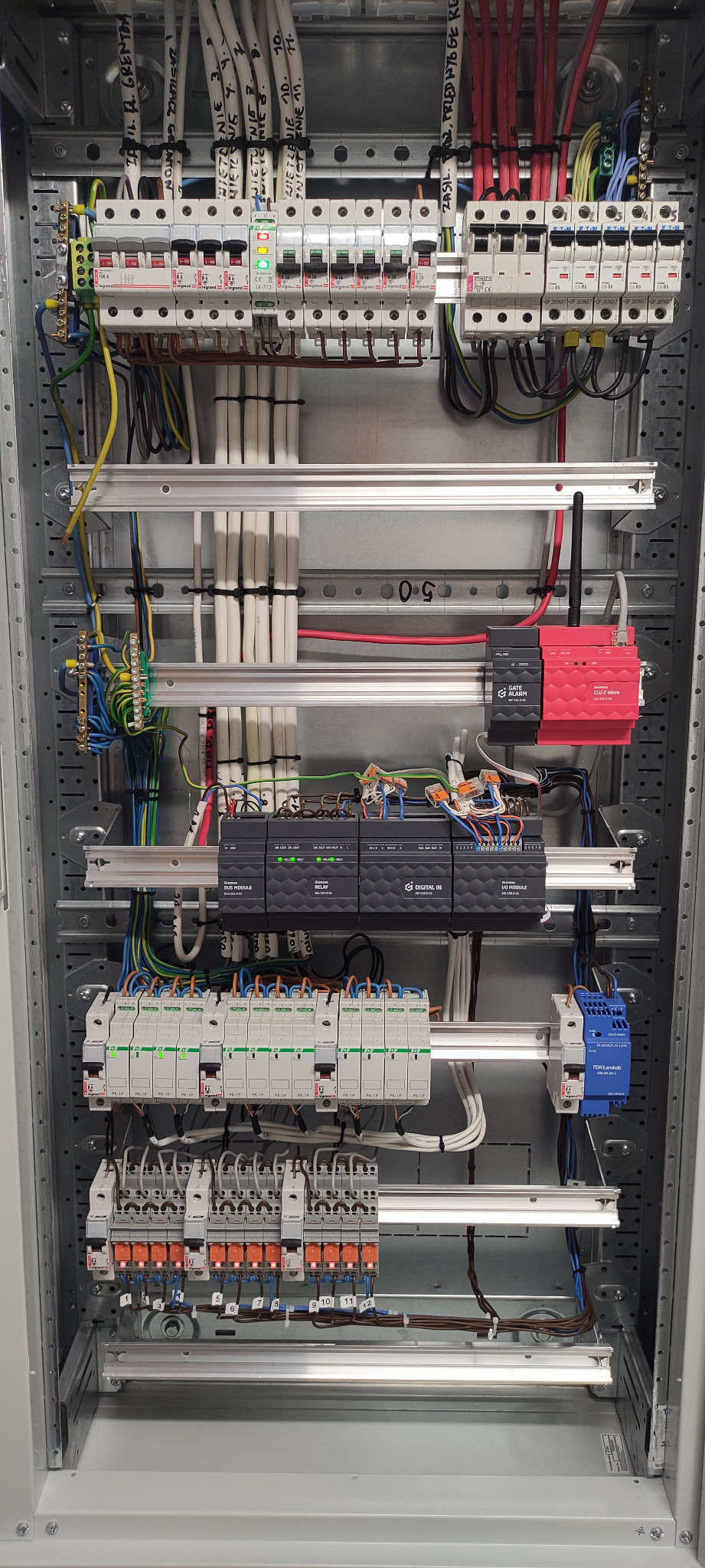 Rozdzielnica elektryczna z modułami sterującymi, zabezpieczeniami i okablowaniem. Widoczne moduły alarmowe Gate Alarm i CLU Z-Wave. Profesjonalny montaż w metalowej obudowie.