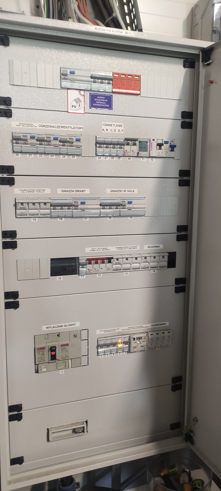 Otwarta skrzynka rozdzielcza z bezpiecznikami i wyłącznikami, oznaczona etykietami: oświetlenie, gniazda, ogrzewanie, wentylatory, rezerwa, wyłącznik główny, ochrona przeciwprzepięciowa.