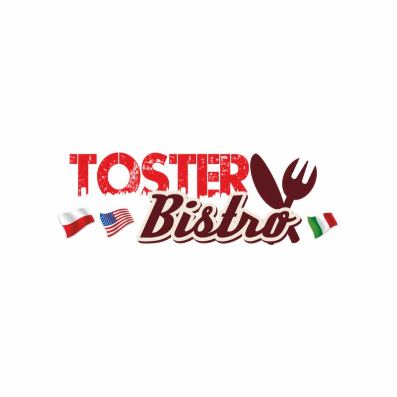 Logo Toster Bistro z flagami Polski, USA i Włoch, widelec i nóż wkomponowane w nazwę.