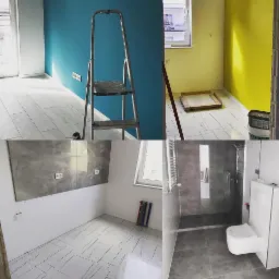 Cztery kadry z remontowanego mieszkania: pokój z niebieską ścianą i drabiną, pokój z żółtą ścianą i pojemnikiem na podłodze, pokój z szarą ścianą i białymi płytkami podłogowymi, łazienka z szarymi...