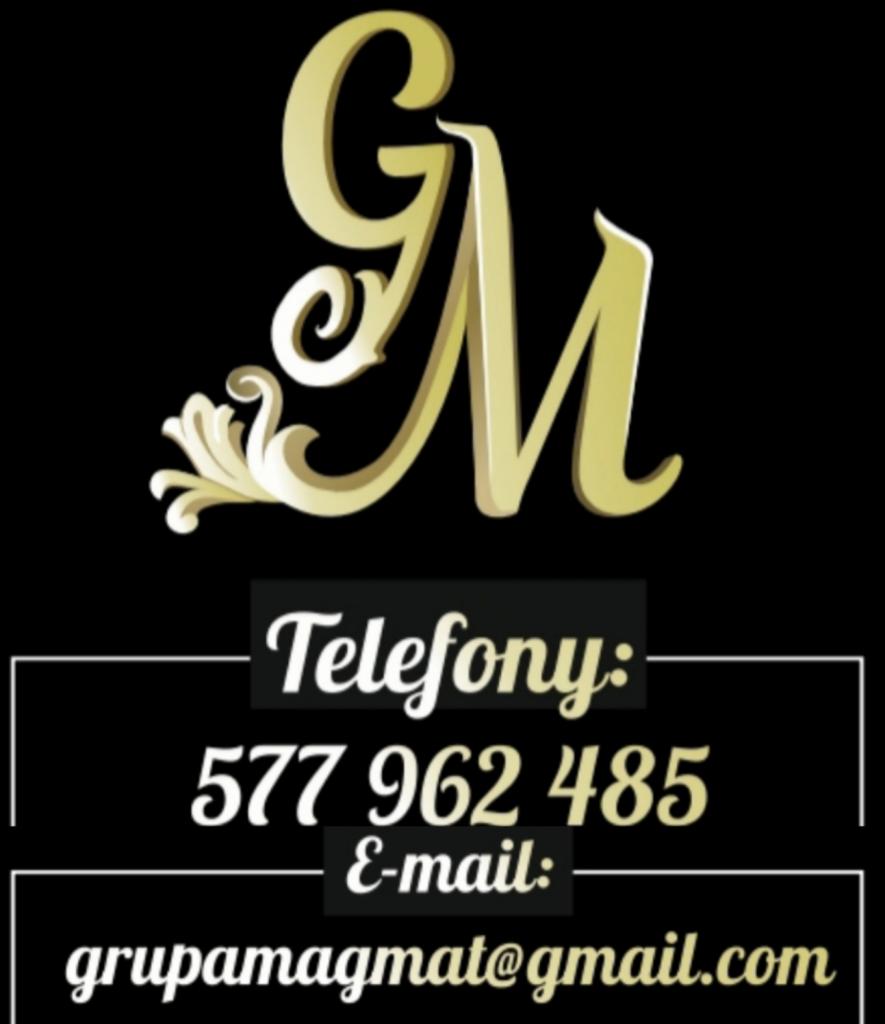 Złote litery 'GM' z ornamentem, poniżej dane kontaktowe: numer telefonu i adres e-mail na czarnym tle. Wizytówka firmy.