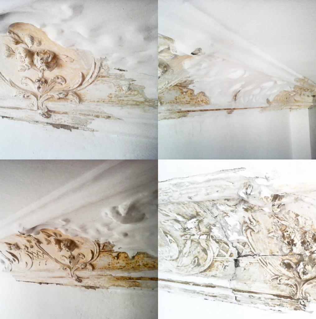 Czterokadrowy kolaż przedstawiający fragment zniszczonego, dekoracyjnego gzymsu sufitowego z widocznymi śladami wilgoci, odspojoną farbą i ubytkami tynku. Detale roślinne ornamentu są częściowo...