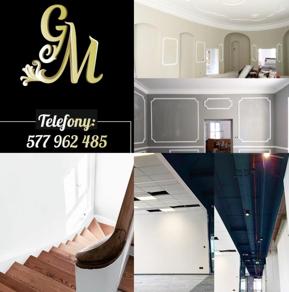 Mozaika zdjęć przedstawiająca różnorodne wnętrza po pracach wykończeniowych: pokój z szarymi ścianami i białymi dekoracyjnymi listwami, korytarz biurowy z czarnym sufitem i widoczną instalacją...