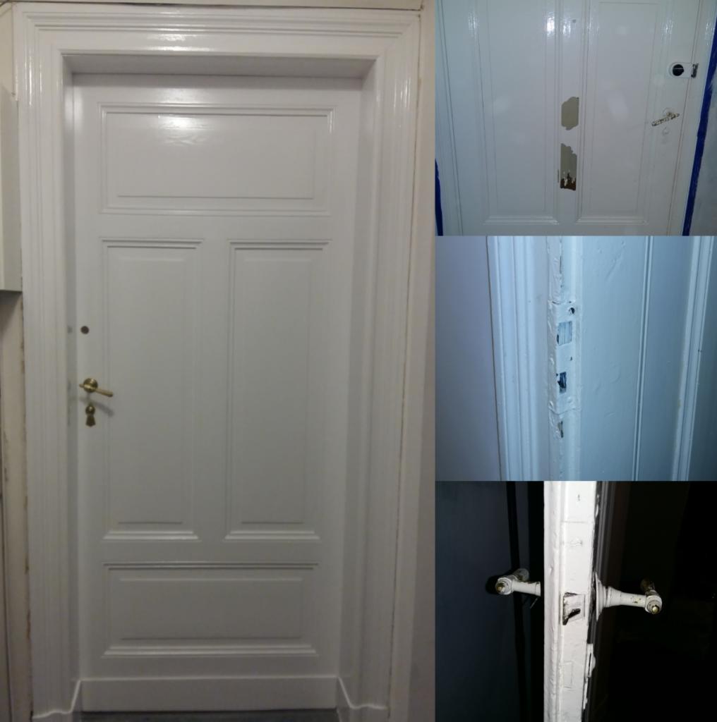 Białe, odnowione drzwi z widocznymi uszkodzeniami farby w górnej części oraz wokół zamka. Na głównym planie zamknięte drzwi z mosiężną klamką, po prawej stronie kolaż detali uszkodzeń.