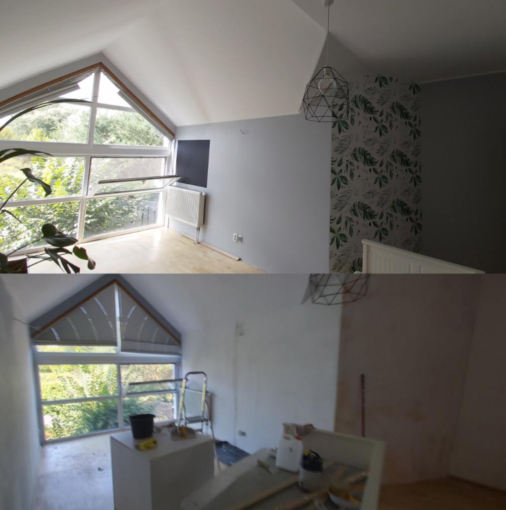 Porównanie stanu pokoju przed i po odświeżeniu we Wrocławiu: ściany pomalowane na szaro, jedna ściana z tapetą w liście, duże okno trójkątne, widoczne narzędzia malarskie w dolnej części zdjęcia.