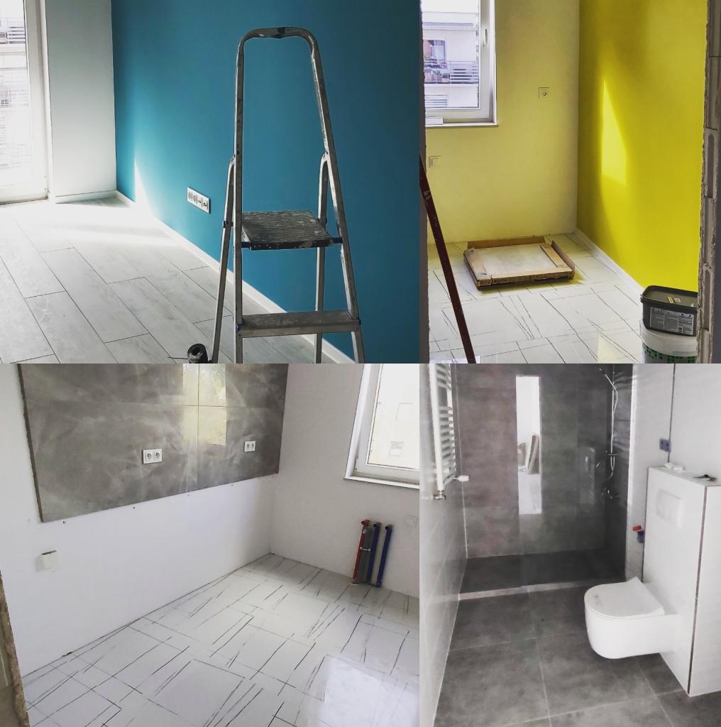 Cztery kadry z remontowanego mieszkania: pokój z niebieską ścianą i drabiną, pokój z żółtą ścianą i pojemnikiem na podłodze, pokój z szarą ścianą i białymi płytkami podłogowymi, łazienka z szarymi...