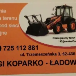 Pomarańczowa wizytówka z ilustracją koparko-ładowarki, oferująca usługi wyburzeń, niwelacji terenu i wykopów pod sieci instalacyjne na terenie Wielkopolski i Kujawsko-Pomorskiego, z podanym numerem...