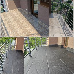 Uretanowe M Sp. z o. o. - Kolaż: balkon z beżową i szarą, wzorzystą posadzką. Metalowa balustrada. Widok na zieleń. Detal wykończenia balkonu z oknem. Nowoczesny design.