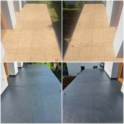 Uretanowe M Sp. z o. o. - Zdjęcie 'przed i po' prezentuje taras: od płytek z wzorem do gładkiej, szarej powierzchni po nałożeniu żywicy. Widoczny fragment elewacji i elementy odpływowe.