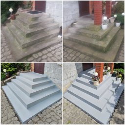Uretanowe M Sp. z o. o. - Czteropanelowe zdjęcie schodów wejściowych przed i po malowaniu szarą farbą. Widoczne rośliny doniczkowe i kamienna ścieżka. Efekt renowacji z bliska.