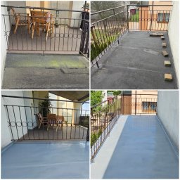 Uretanowe M Sp. z o. o. - Cztery kadry balkonu: stan przed czyszczeniem i po nałożeniu szarej posadzki żywicznej. Widoczne meble ogrodowe i metalowa balustrada.