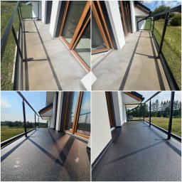 Uretanowe M Sp. z o. o. - Balkon z posadzką żywiczną przed i po aplikacji. Górne kadry: surowy beton. Dolne: czarna, błyszcząca żywica z widocznymi refleksami światła.