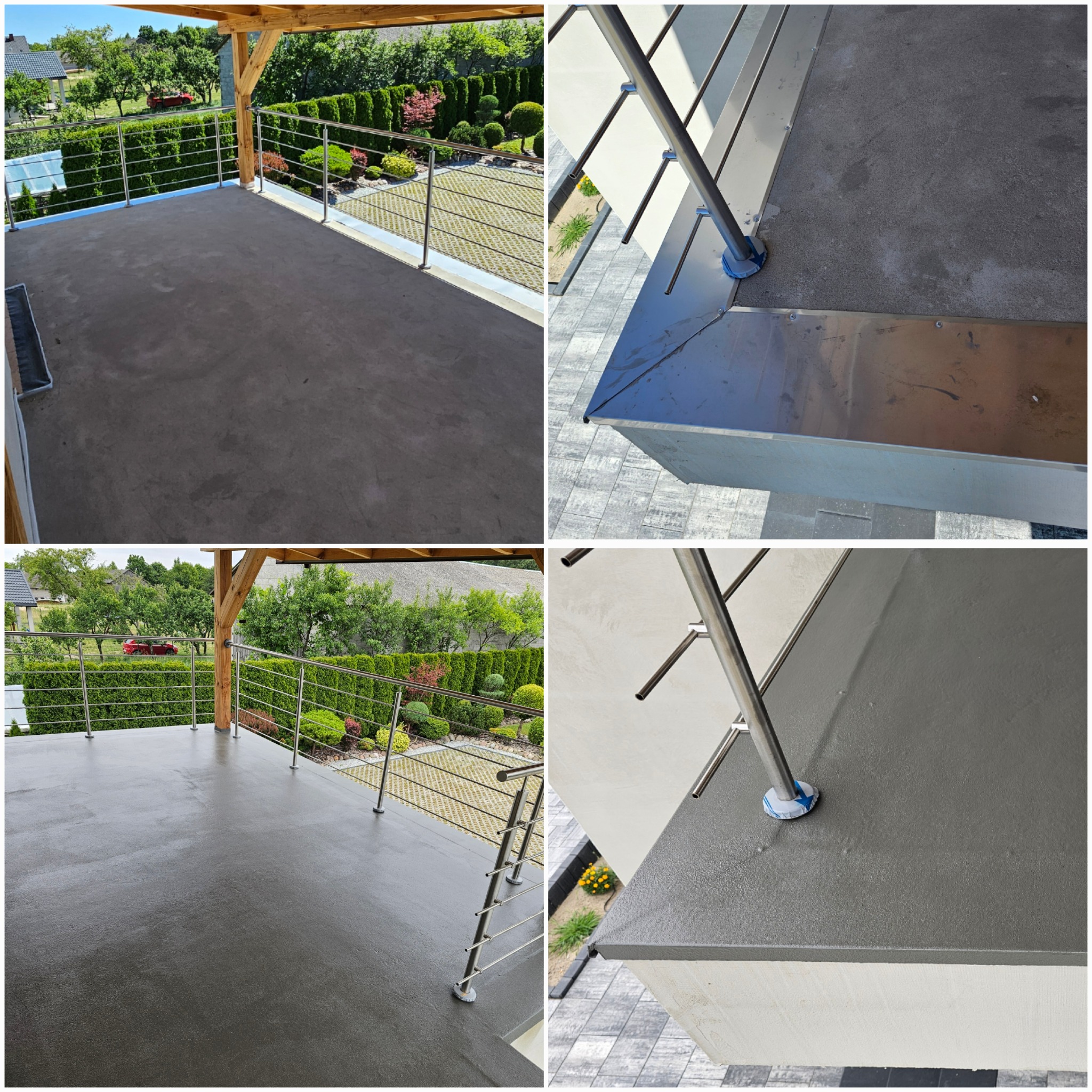 Szara posadzka żywiczna na tarasie z metalową balustradą, widok na zadbany ogród. Detal wykończenia krawędzi posadzki blachą. Cztery kadry w jednym.