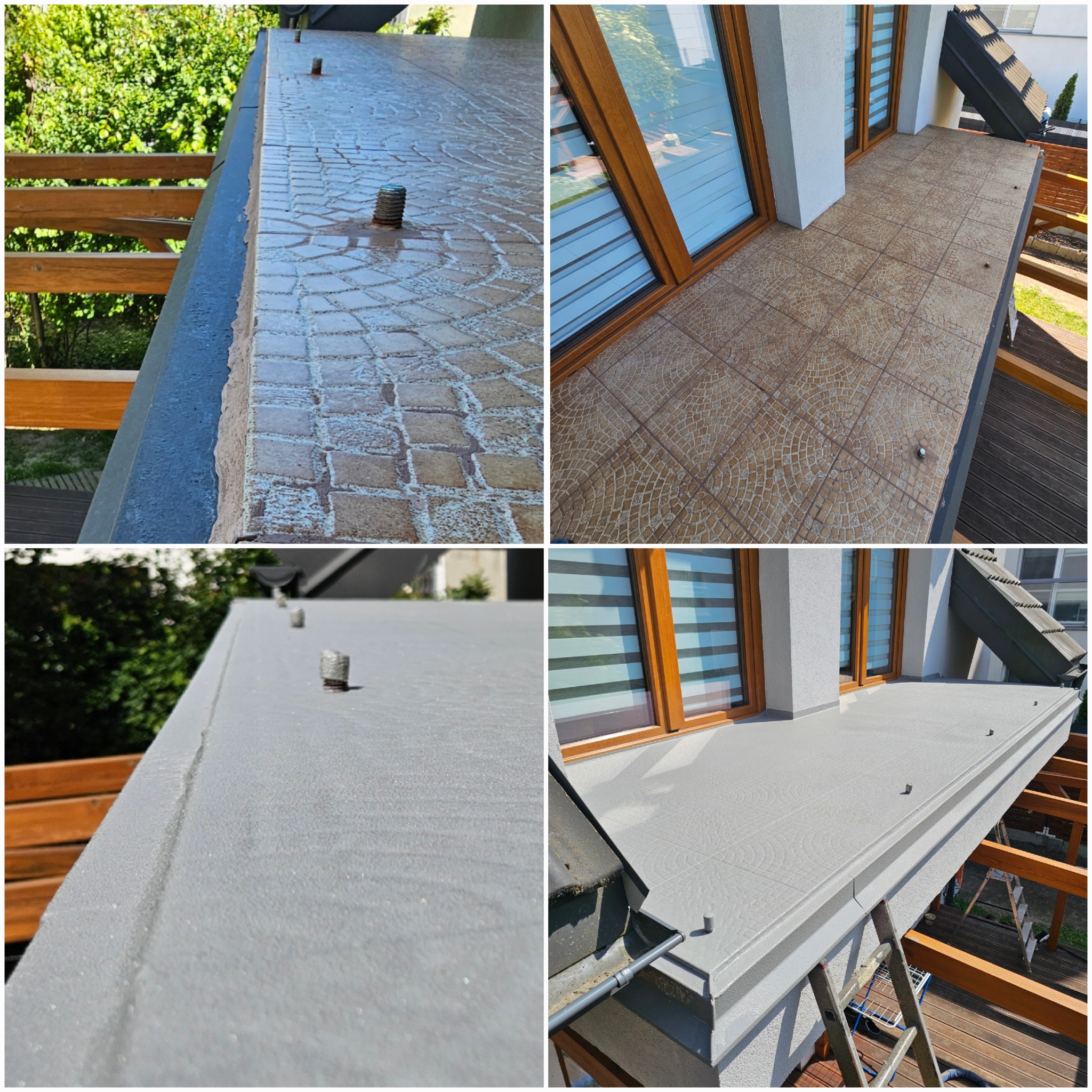 Czteropanelowe zbliżenie balkonu: dwa etapy posadzki żywicznej (wzór kostki) i dwa etapy szarej, gładkiej posadzki. Widoczne okna, elementy konstrukcyjne balkonu i otoczenie.