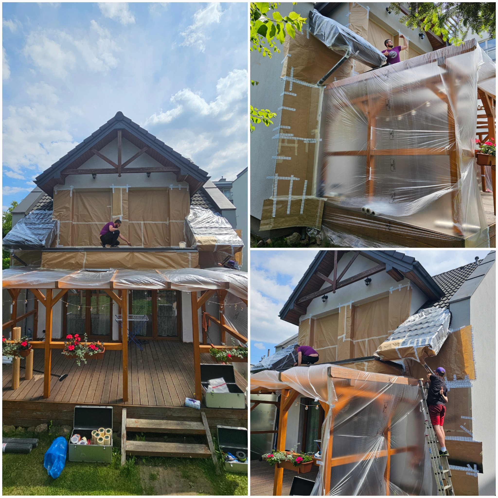 Ocieplanie domu pianką PUR. Ekipa zabezpiecza okna folią i kartonem przed natryskiem. Widoczne narzędzia i materiały przygotowane do pracy. Dom z drewnianą pergolą.