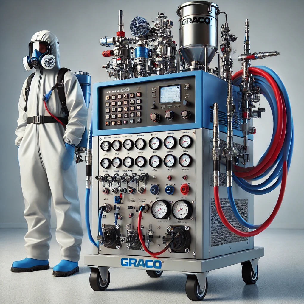 Pracownik w kombinezonie ochronnym stoi obok zaawansowanej maszyny Graco z manometrami i przewodami, prawdopodobnie do natrysku pianki izolacyjnej.