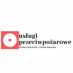 Logo firmy oferującej usługi przeciwpożarowe: czerwony kwadrat z białym okręgiem i kropką obok napisu 'usługi przeciwpożarowe', pod spodem hasło 'szybko, rzetelnie, profesjonalnie'.