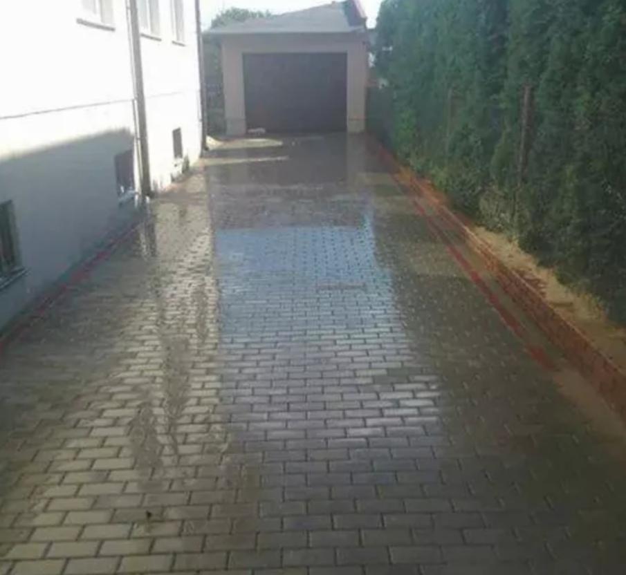 Świeżo ułożona, mokra kostka brukowa w odcieniach szarości prowadząca do garażu, z obrzeżami w kolorze ceglastym i żywopłotem w tle.