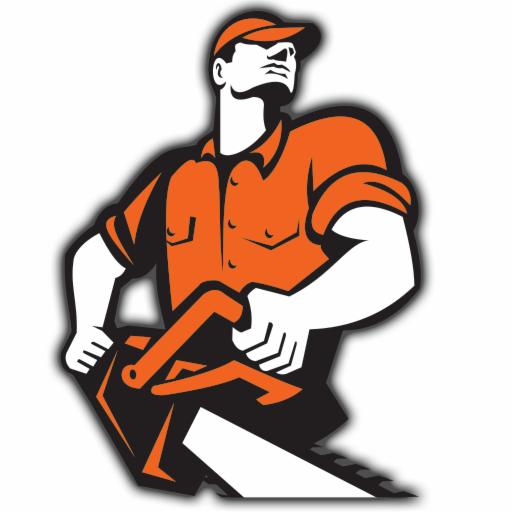 Stylizowany wizerunek silnego mężczyzny w pomarańczowym uniformie i czapce, trzymającego w rękach narzędzie tnące z zębami, skierowany wzrokiem w górę.