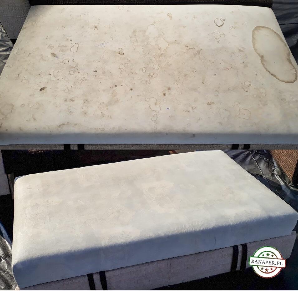 Tapicerka sofy: widoczna plama po prawej stronie w górnej części zdjęcia, kontrastująca z czystą, jaśniejszą powierzchnią po praniu na dole, z logo firmy kanaper.pl w prawym dolnym rogu.