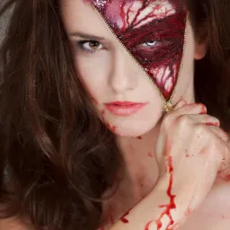 Kreatywny makijaż Halloween: kobieta z rozpiętym zamkiem błyskawicznym na twarzy, odsłaniającym efektowną charakteryzację z elementami gore i soczewką kontaktową.