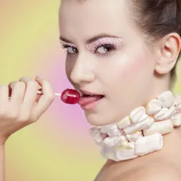 Portret kobiety z lizakiem dotykającym języka, z brokatowym makijażem oczu i naszyjnikiem z pianek na tle gradientu różowo-żółtego.