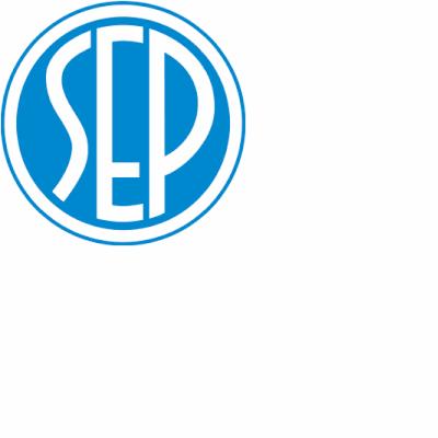Niebieskie logo SEP w okręgu na białym tle.