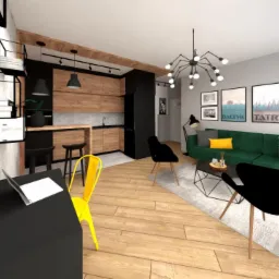 Wizualizacja nowoczesnego wnętrza mieszkania z otwartą kuchnią, drewnianymi frontami szafek, zieloną sofą, czarnymi krzesłami i plakatem z napisem 'Tatry' na ścianie.