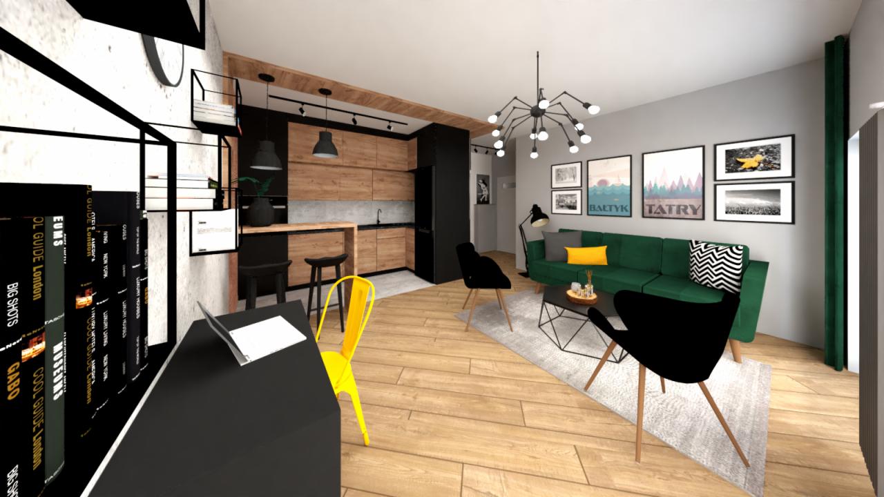 Wizualizacja nowoczesnego wnętrza mieszkania z otwartą kuchnią, drewnianymi frontami szafek, zieloną sofą, czarnymi krzesłami i plakatem z napisem 'Tatry' na ścianie.