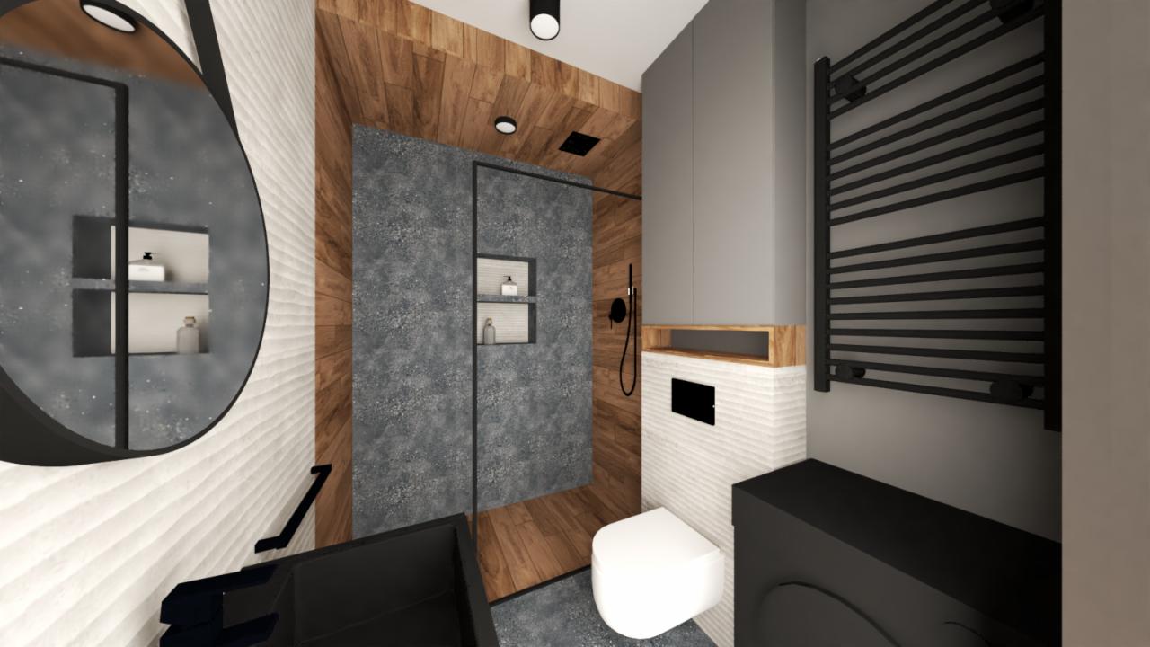 Wizualizacja łazienki z drewnianymi akcentami, szarą kabiną prysznicową z wnękami, owalnym lustrem z czarną ramą i grzejnikiem drabinkowym w kolorze czarnym.