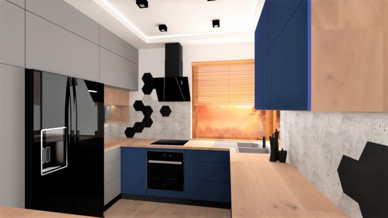 Wizualizacja nowoczesnej kuchni z szarymi i niebieskimi szafkami, czarną lodówką i heksagonalnymi dekoracjami ściennymi na tle okna z widokiem na zachód słońca.