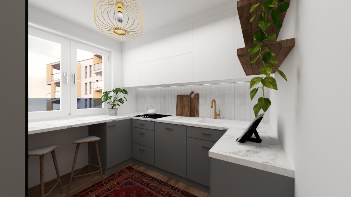 Wizualizacja nowoczesnej kuchni w szaro-białej kolorystyce z elementami drewna i roślin, widok na budynek przez okno, złota lampa wisząca i dywan w stylu vintage.