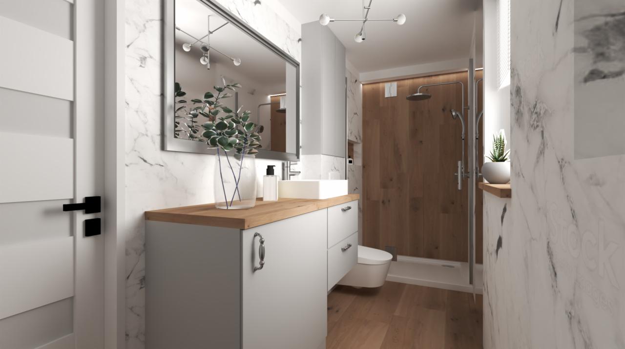 Wizualizacja nowoczesnej łazienki z marmurowymi ścianami, drewnianą podłogą i kabiną prysznicową wykończoną drewnem, umywalką nablatową, szafką z drewnianym blatem i roślinami w wazonie oraz doniczce.