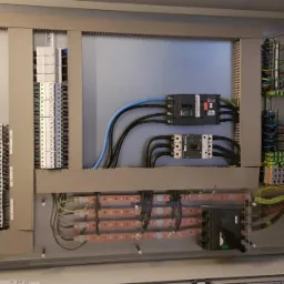 Otwarta szafa sterownicza z widocznymi elementami instalacji elektrycznej: wyłączniki, listwy zaciskowe, przewody w kolorach czarnym, niebieskim i żółto-zielonym, ułożone wewnątrz metalowej obudowy.