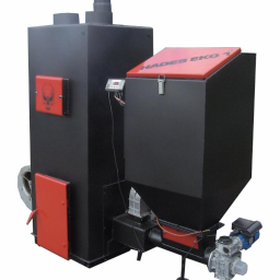 P.P.H.U. Hades - Kocioł na paliwo stałe Hades EKO 1 z podajnikiem, czarno-czerwony, z widocznym panelem sterowania i wentylatorem, na białym tle.